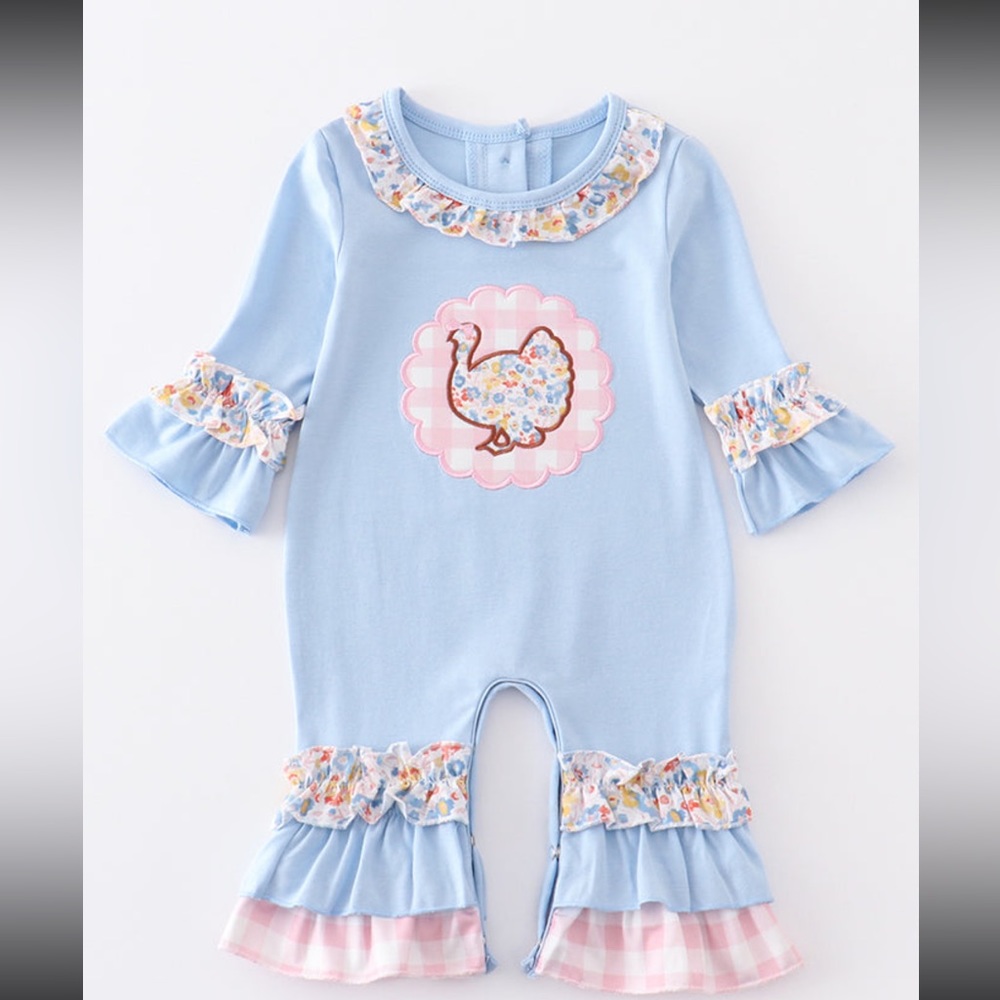 Coming Soon-Blue Turkey Appliqué Ruffle Rumper